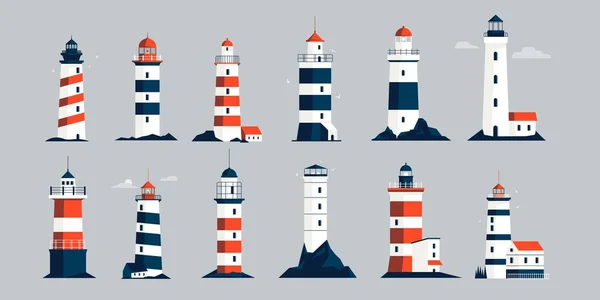 Kolekce Majáků Kreslená Námořní Navigační Světelná Věž Maják Symbol Světelného — Stockový vektor