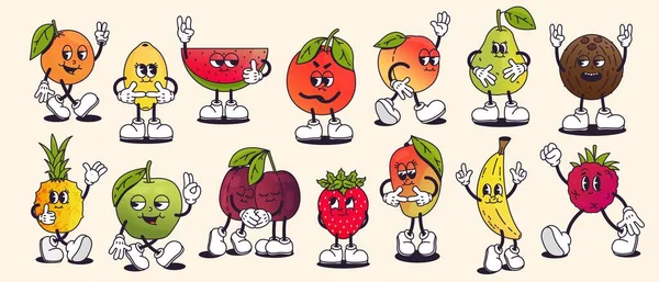 レトロな漫画の果物 漫画のかわいいリンゴ オレンジとグレープフルーツの顔 グルービー漫画のキャラクター異なるポーズ 幸せな感情を持つ果物 フルーツの健康的な漫画のイラストのベクトル分離セット — ストックベクタ
