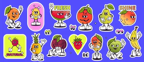 粗い漫画の果物のステッカー 笑顔で80年代のファンキーなフルーティーなラベル 製品設計のためのカラフルなレトロなアニメーション要素 漫画の果物のトレンディーなイラストのベクトル分離セット — ストックベクタ