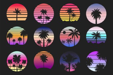 Retro Palm Sunset etiketleri. Çizgili güneş ve sahil manzaralı egzotik tropik ada manzarası. Sunset etiket plaj illüstrasyonunun vektör retrodalgası yaz tatili logosu
