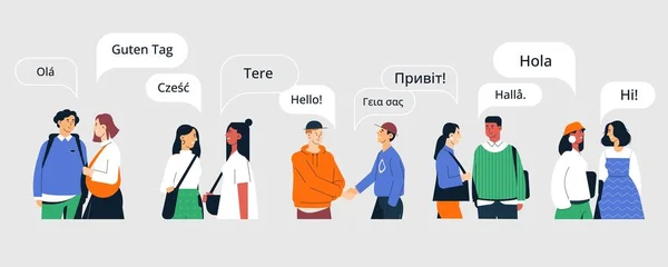 Persone Multilingue Saluto Personaggi Donna Uomo Parlano Lingue Diverse Persone — Vettoriale Stock