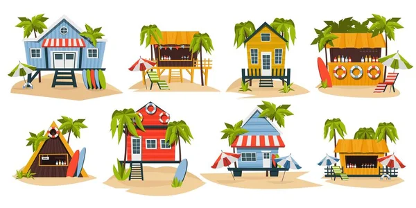 Bungalow Planie Plaży Tropikalny Dom Wyspie Palmami Domek Plaży Deską — Wektor stockowy