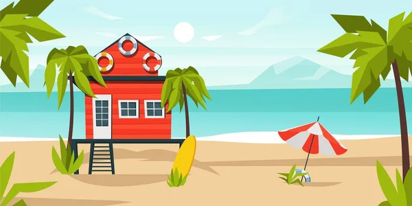 Casa Bungalow Playa Fondo Dibujos Animados Paisaje Tropical Con Arena — Vector de stock