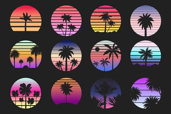Retro Palm Sunset Labels Exotic Tropical Island Landscape Striped Sun — Stock Vector