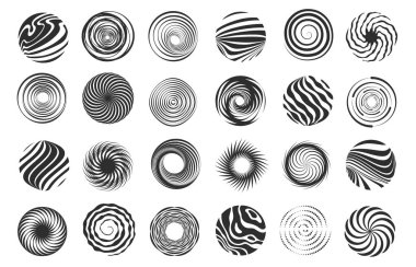 Girdap figürü. Spiral soyut hareket ve hipnotik girdap, girdap ve girdap dinamik ikon tasarımı. Hipnotik spiral ve girdap illüstrasyonlarından oluşan tornado spiral simgeleri