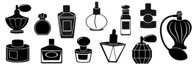 Siyah parfüm şişeleri. Soyut zarif erkek parfüm şişeleri, lüks kadın parfüm spreyi. Silüet siyah parfüm şişesi çizimi.