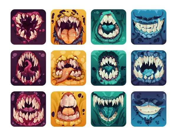 Korkunç Ağız Logosu Ürkütücü Renkli Canavar Dişleri Çizgi Film Stili — Stok Vektör