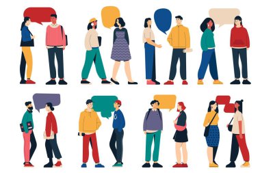 Konuşma baloncukları olan insanlar. Çizgi film karakterleri konuşur ve etkileşir, arkadaşlar ve çiftler arasında duygusal konuşmalar, düz karikatür duyguları. İnsanlardan oluşan bir vektör kümesi konuşma balonu illüstrasyonu