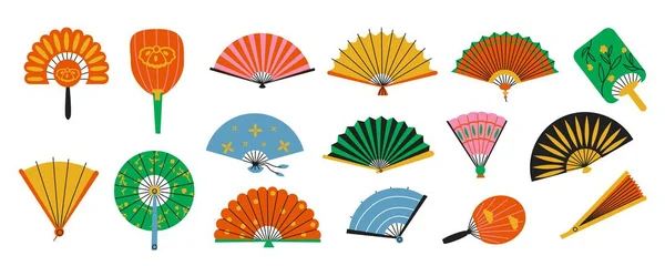 Flat Asian Fans Folded Oriental Bamboo Paper Fans Open Chinese — Stock Vector