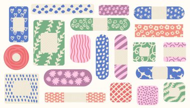 Komik tıbbi alçı. Hasta ve gönüllü için karikatür ilk yardım etiketleri, şirin terapi ve hasta bakımı konsepti. Sağlık illüstrasyonu için alçı ilaç seti