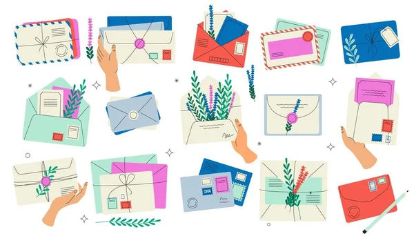 Envelopes Correio Dos Desenhos Animados Cartas Manuscritas Com Selos Carimbos — Vetor de Stock