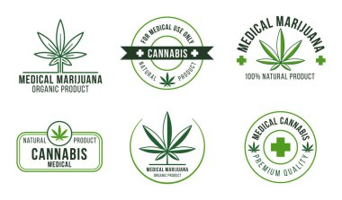 Kenevir etiketi. Tıbbi marihuana terapisi, yasal kenevir bitkisi ve ilaç bitkileri. Doğal tedavi ya da organik tıbbi ürün. Yeşil yapraklı bitki logo şablonları, rozetler izole edilmiş vektör seti