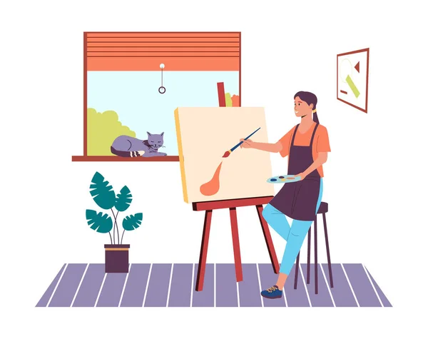 活动或业余爱好 画布上的女人物画 从事创造性职业的妇女 工作室里带调色板和画笔的女孩 卡通画作坊矢量插图 — 图库矢量图片