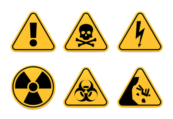 Attention, poison, high voltage, radiation, biohazard and falling warning signs. Toxic or radioactive area restriction, forbidden territory or zone isolated yellow set of icons vector illustration