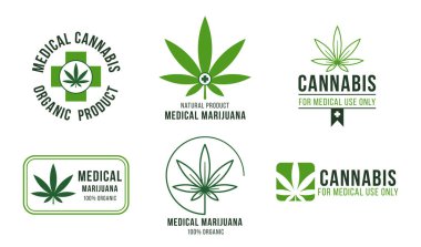 Tıbbi kullanım için kenevir etiketi. Yasal marihuana tedavisi, hastalıklar için ağrı kesici. Doğal terapi için organik yeşil yapraklar ve bitkiler, izole çizgi film vektörü seti için haplar etiketi