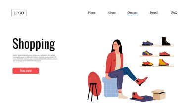 Giysi mağazası iniş sayfası, ayakkabı mağazasında çizme seçen kadın. Ayakkabı görüntüsü, raflar ve farklı ayakkabılar. Kadın karakter, şık ürünler satın alıyor. Perakende satış web sitesi vektör şablonu