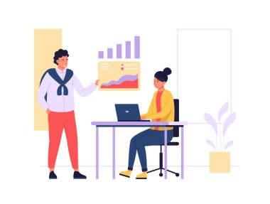 Piyasa analizleri. Kadın çalışan dizüstü bilgisayarla masada oturuyor, erkek çalışan veri analizi yapıyor. Finansal yönetim, sunucu projeyi gösteriyor. İş yeri vektör illüstrasyonundaki insanlar