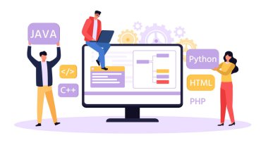 Programcı ve tasarımcı geliştirme web sitesi. Yazılım geliştiricisi piton, java, html kodu yazıyor. Dizüstü bilgisayarda çalışan bir adam, iş arkadaşları yardım ediyor. Erkek ve kadın karakterler takım çalışması, web sitesi vektörü oluşturuluyor