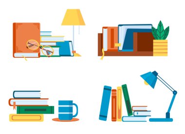 Edebiyat, düz kitap yığınları ve okumak için yığınlar. Ders kitabı, lamba, bardak ya da fincanlı masa. Eğitim için raf kitabı. Okul, üniversite veya üniversite vektörü seti için akademik kitaplar