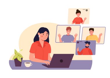 Video konferans işbirliği. Evde dizüstü bilgisayarıyla oturan ve internette iş arkadaşlarıyla konuşan bir kadın. İş arkadaşları konuşuyor, uzaktan kumanda ile sanal toplantı yapıyorlar. Farklı kişiler vektörü olan monitör