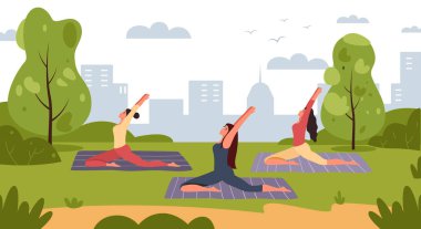 Park 'taki kadın yoga grubu. Spor giyim sektöründe birlikte egzersiz yapan kadın karakterler. Aktif ve sağlıklı bir yaşam tarzı. Temiz havada fiziksel aktiviteler. İnsanlar vektör illüstrasyonunun dışında egzersiz yapıyorlar