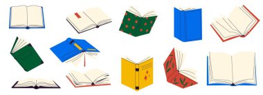 Açık kitap seti. El çizimi mektuplar ve üniversite eğitimi için edebiyat konsepti içeren renkli karalama kitabı kapakları. Eðitim kitabýnýn vektör dairesi, ders kitabý illüstrasyonunu kapsar