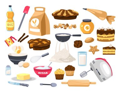 Pişmiş yemek ve malzemeler. Çizgi film ana sınıfı, hamur tatlısı, kurabiye hamuru, pasta ve pasta pişirme aletleri. Mutfak malzemesi örneklerini izole et.