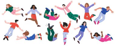 Uçan insanlar. Çizgi film karakterleri gökyüzünde uçar ve ağırlıksızlık, hayal ve hayal gücünün yeni hissinin tadını çıkarırlar. Kişinin izole edilmiş vektör karakter çizimi