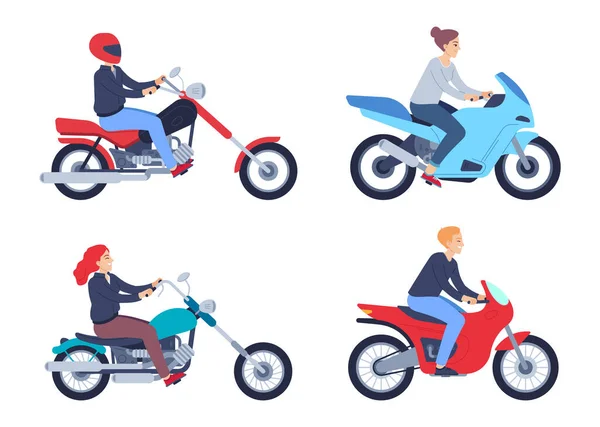 Motosiklet Sürücüleri Motosikletli Kasklı Insanlar Kadın Erkek Karakterler Spor Yapıyor — Stok Vektör