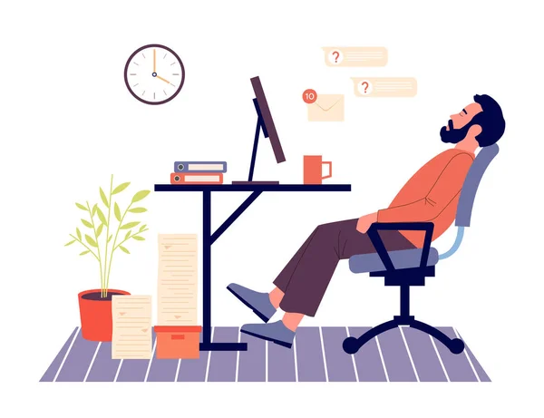 Concept Procrastination Employé Masculin Assis Sur Lieu Travail Reposant Les — Image vectorielle
