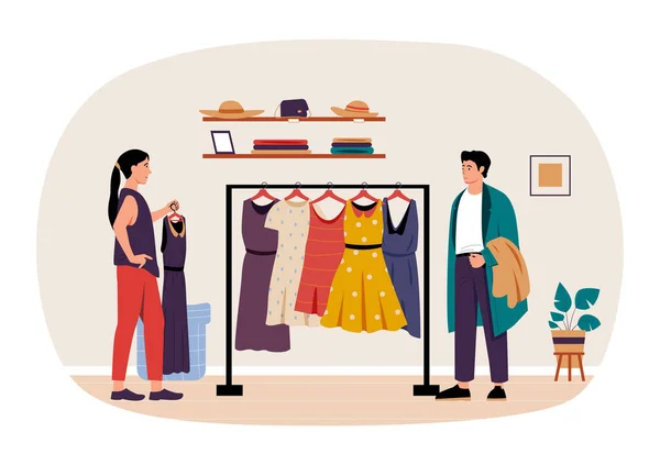 Концепция Покупок Покупок Женщина Выбирает Платье Магазине Клиент Покупает Одежду — стоковый вектор