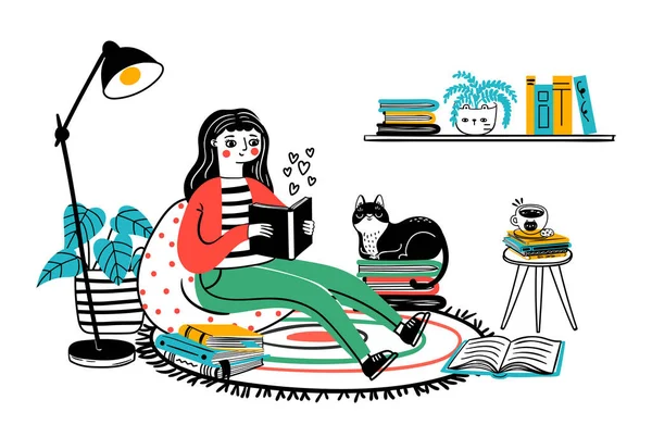 Székben Olvas Boldog Nyugodt Lány Olvasás Könyvet Kényelmes Karosszék Otthon — Stock Vector