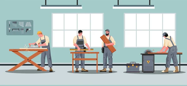 Indústria Marcenaria Joiners Com Instrumentos Conceito Oficina Carpintaria Personagens Masculinos —  Vetores de Stock