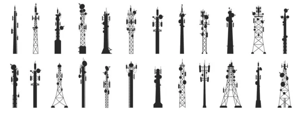 Radyo Direği Siluetleri Ana Yayın Anten Kuleleri Iletişim Teknolojisi Ekipmanları — Stok Vektör