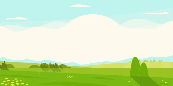 サマーメドウの背景 農村の花と田舎の景色 木や草 テキストのための雲の束を持つ農場のパノラマ 農場の牧草地の風景とフィールド背景のベクトルイラスト — ストックベクタ
