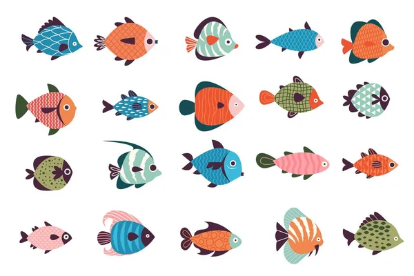 エキゾチックな魚のコレクション 漫画の海洋水中野生生物 カラフルな海洋生物のキャラクター 魚動物園の装飾と野生生物のコンセプト 水中エキゾチックな魚のコレクションイラストのベクトルセット — ストックベクタ