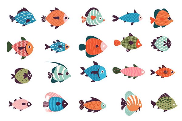 Exotic fish collection. Cartoon marine underwater wildlife, colorful ocean life characters, fish zoo decor and wildlife concept. Vector set of underwater exotic fish collection illustration