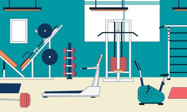 Spor salonunun içi ekipmanlarla dolu. Spor aletleri, spor aletleri ve ağır eğitim makineleri olan çizgi film fitness merkezi. Vektör çizimi. Koşu bandı ve bisiklet, halterler