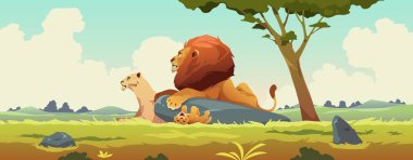 Aslan ailesi manzarası. Aslan yavrularının olduğu bir çizgi film karakteri, doğada dişi ve erkek kedi yavruları, hayvanat bahçesi safari konsepti. Vektör çizimi. Savannah fauna, hayvanların özgürlüğü.
