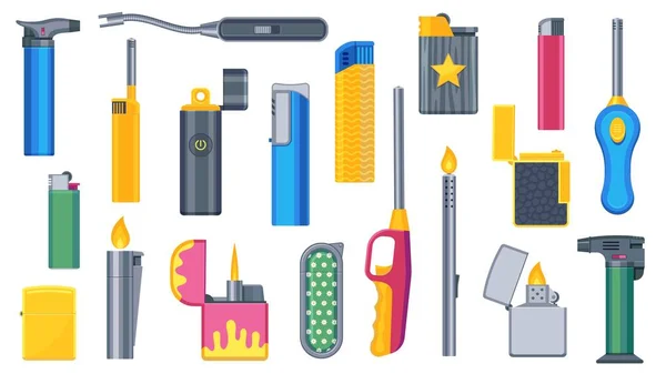 Lighters Set Cartoon Disposable Reusable Lighters Icons Flammable Fuel Ignition — Stock Vector
