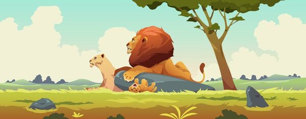 Lion family landscape. Cartoon wildlife background with lion cubs, king leo male and female feline animals in nature, zoo safari concept. Vector illustration. Savannah fauna, freedom for animals