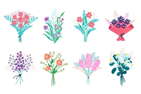 Цветочный Букет Мультфильм Кучу Цветочных Декоративных Элементов Цветущих Растений Листьями — стоковый вектор