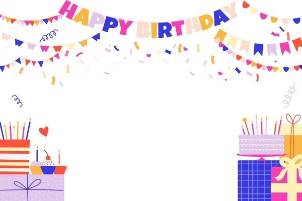 Birthday decoration background. Happy holiday greetings card with falling balloons, colorful ribbons and confetti. Vector party banner. Congratulation frame with gift box, garlands