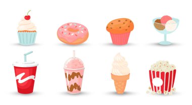 Fast food çizgi filmi. Soda, milkshake, patlamış mısır, dondurma, fırın. İçecek soda ya da milkshake, fast food karikatür vektörü.