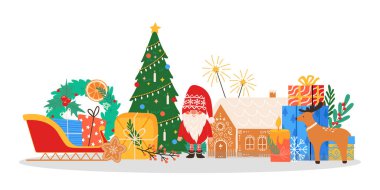 Noel konsepti. Kış tatilini süslenmiş köknar ağacı, hediye kutuları kış bayramı kutlaması, dekorasyon konsepti illüstrasyonu