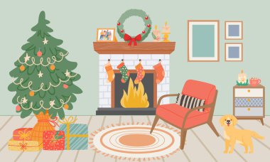 İçinde şömine ve sandalye olan bir Noel odası. Şöminenin iç mekan taşıyıcısı, Noel illüstrasyonu hediyesi.