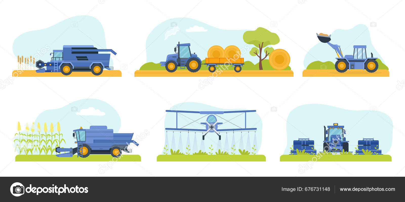 Maquinaria Agrícola Plana Cosechadora Plano Riego Vector Del