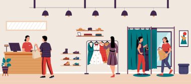 Moda mağazasının içi, giysiler ve ayakkabılar. Moda butiği ve mağaza temsilcisi, dükkan içi illüstrasyon, perakende odası kıyafeti