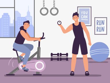 Jimnastik hocası. Fitness antrenmanı ve egzersiz. Spor salonu antrenmanı ve antrenman vektörü, antrenör çizimi