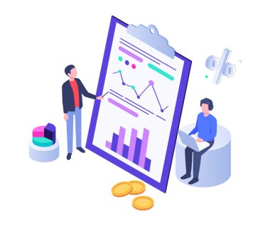 Grafikli ve grafikli Isometric iş analizi. İş haritası verilerinin vektörü, grafik analiz illüstrasyonu